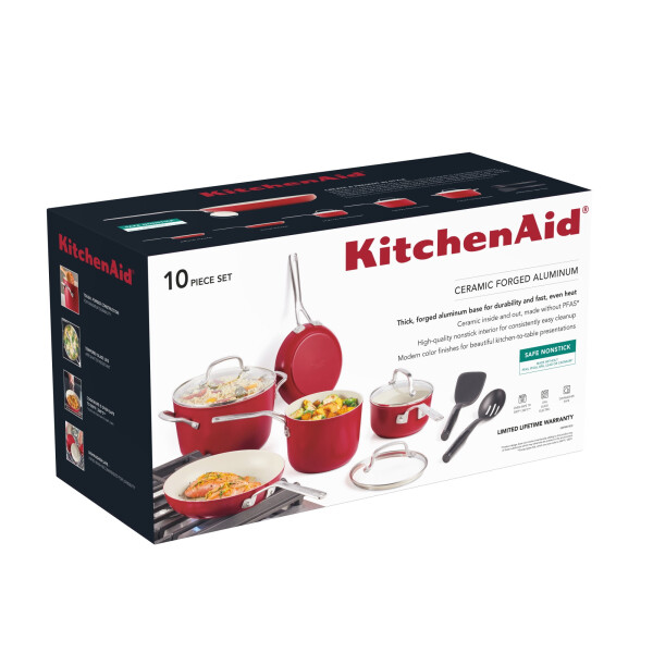 KitchenAid Ceramic Forged Aluminum 10 Piece Nonstick Cookware Pots and Pans Set, Empire Red - 13