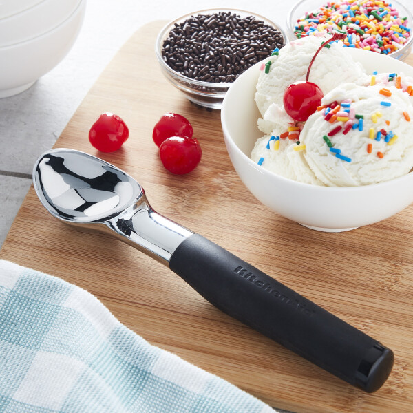 KitchenAid Chrome Ice Cream Scoop with Black Soft Handle, Dishwasher Safe - 11