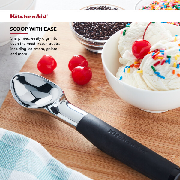 KitchenAid Chrome Ice Cream Scoop with Black Soft Handle, Dishwasher Safe - 12