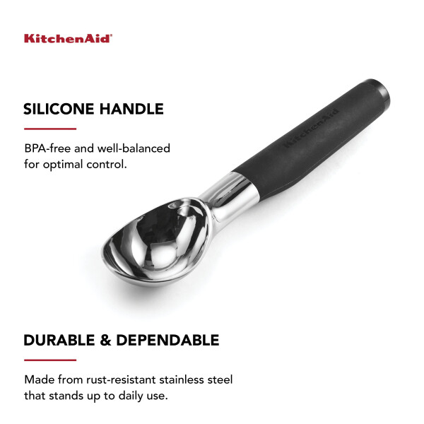 KitchenAid Chrome Ice Cream Scoop with Black Soft Handle, Dishwasher Safe - 14