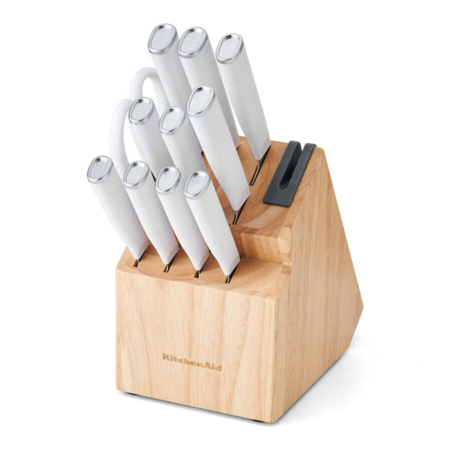 KitchenAid Classic 12-Piece Japanese Steel Knife Set with Block and Built-in Knife Sharpener, White - 14