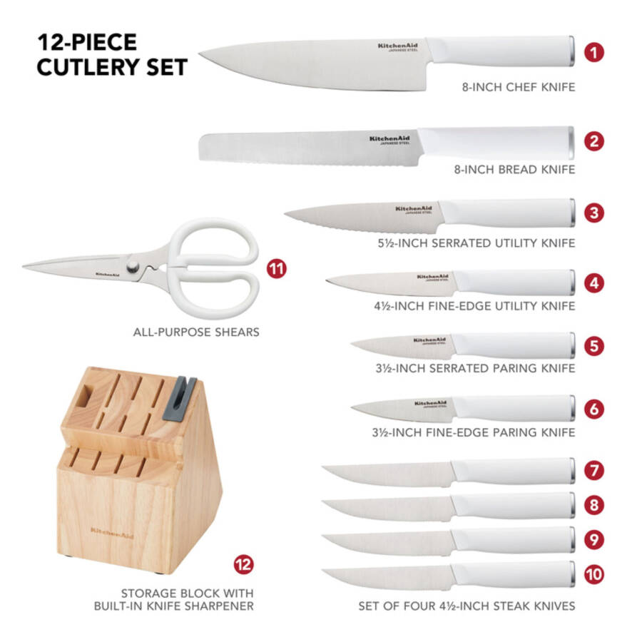 KitchenAid Classic 12-Piece Japanese Steel Knife Set with Block and Built-in Knife Sharpener, White - 16