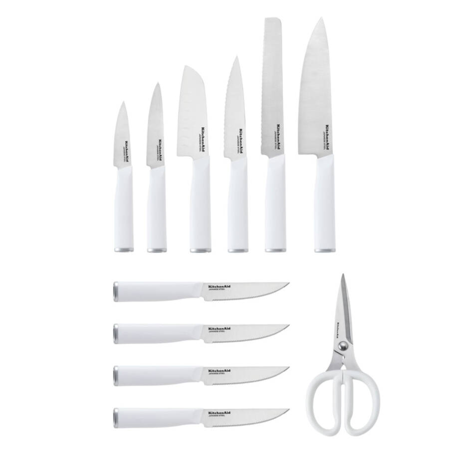 KitchenAid Classic 12-Piece Japanese Steel Knife Set with Block and Built-in Knife Sharpener, White - 23