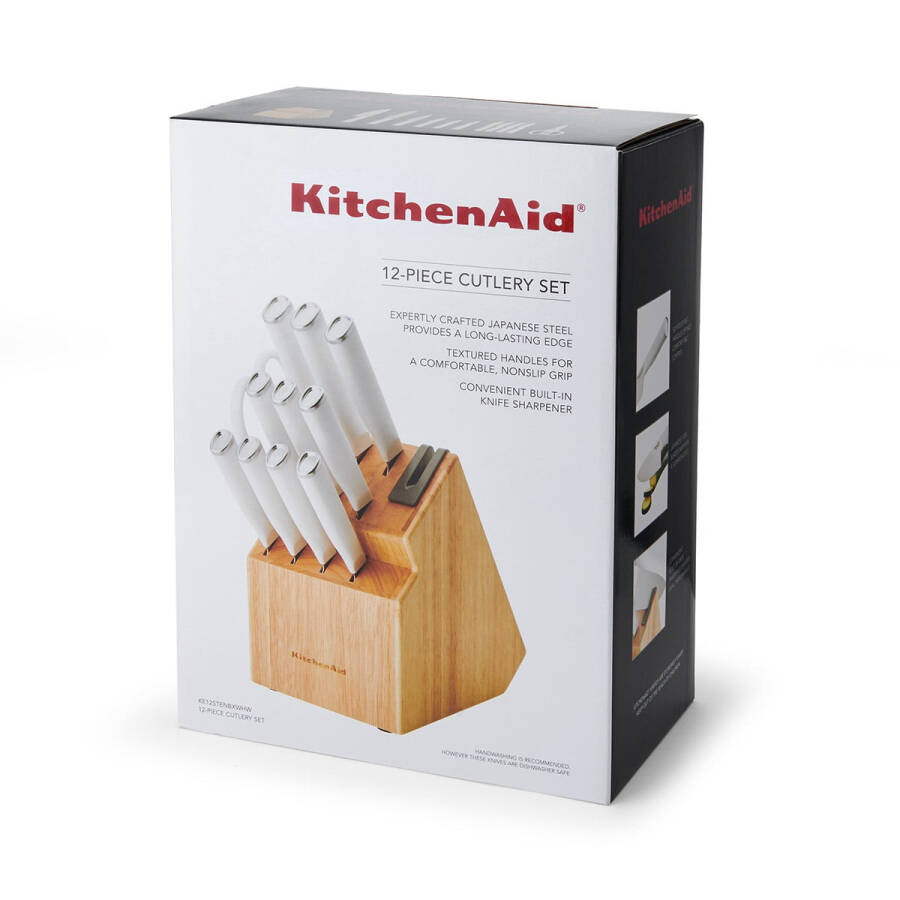 KitchenAid Classic 12-Piece Japanese Steel Knife Set with Block and Built-in Knife Sharpener, White - 24