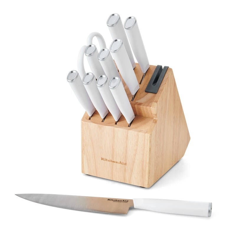 KitchenAid Classic 12-Piece Japanese Steel Knife Set with Block and Built-in Knife Sharpener, White - 25