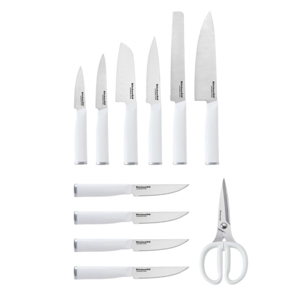 KitchenAid Classic 12-Piece Japanese Steel Knife Set with Block and Built-in Knife Sharpener, White - 10