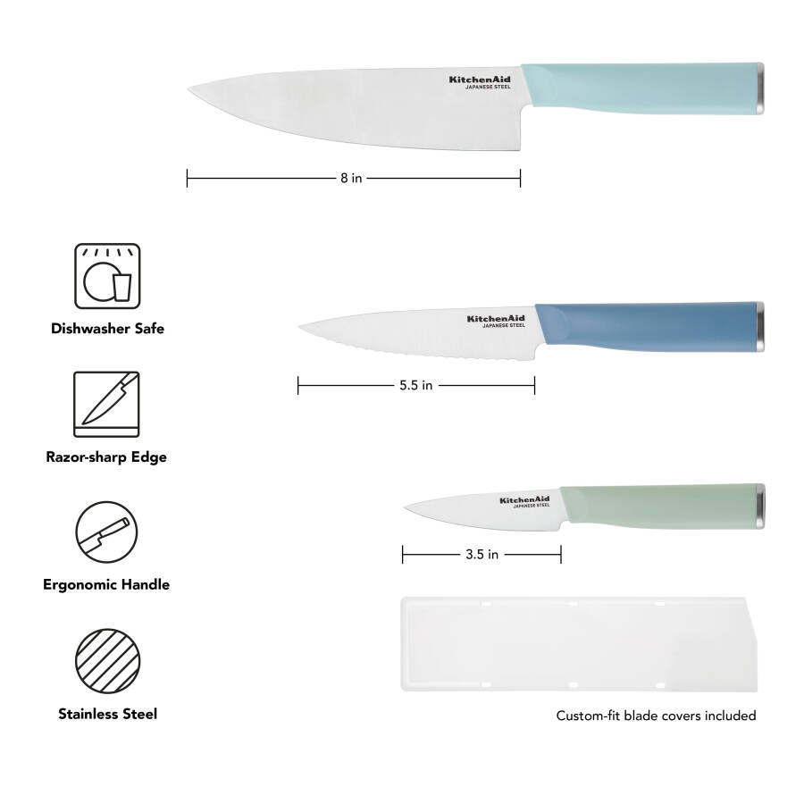 KitchenAid Classic 3-Piece Stainless Steel Chef Knife Set, Blue Velvet, Pistachio, Mineral Water - 6