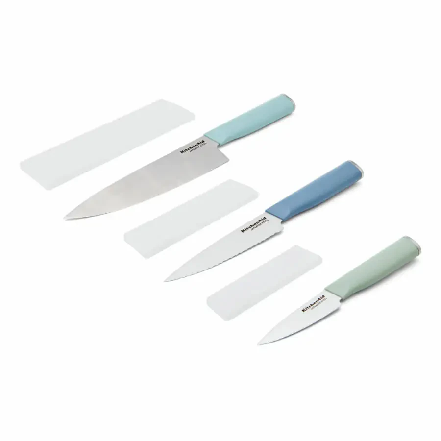 KitchenAid Classic 3 qismli zanglamaydigan po'latdan yasalgan oshpaz pichoqlari to'plami, ko'k baxmal, pista, mineral suv - 7