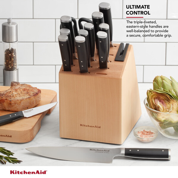 KitchenAid Gourmet 14 dona to'plam, uchta perchinli, yapon po'latidan yasalgan pichoq to'plami, blok va o'rnatilgan o'tkirlashtiruvchi bilan - 18