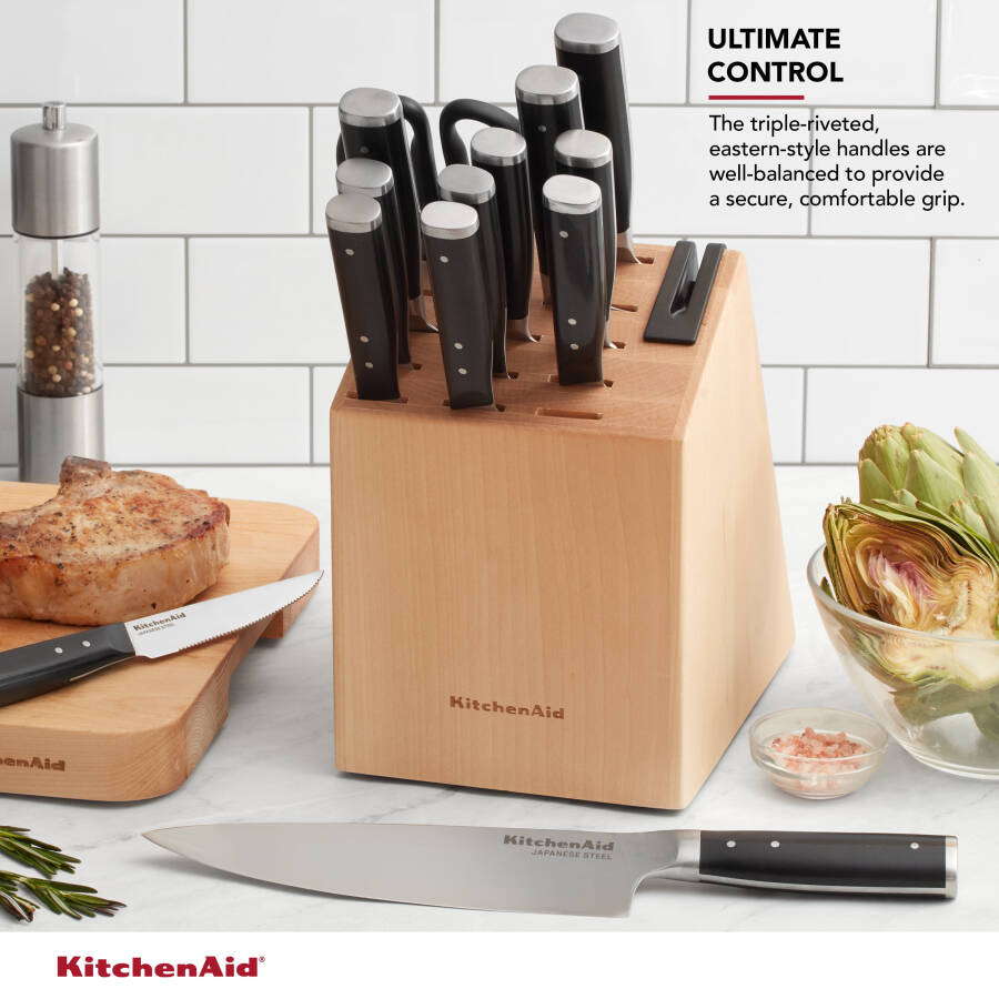 KitchenAid Gourmet 14 dona to'plam, uchta perchinli, yapon po'latidan yasalgan pichoq to'plami, blok va o'rnatilgan o'tkirlashtiruvchi bilan - 2