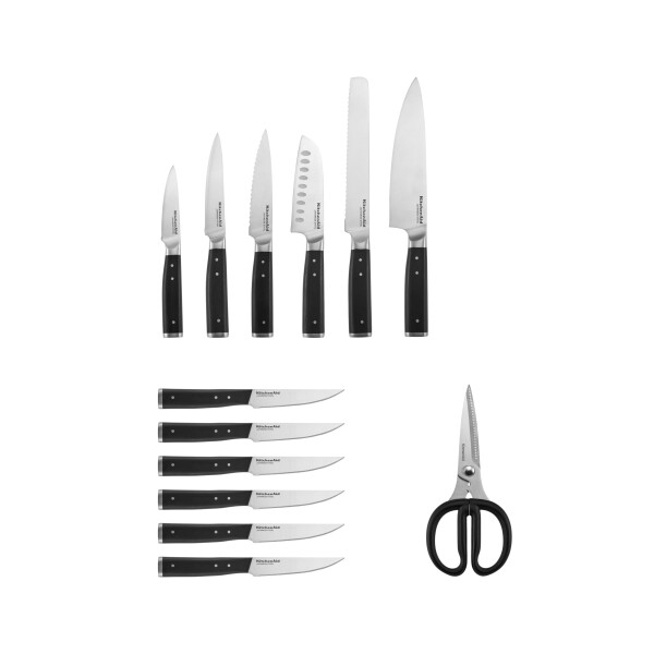 KitchenAid Gourmet 14-Piece Forged Triple Rivet Japanese Steel Knife Set with Block and Built-in Sharpener - 24