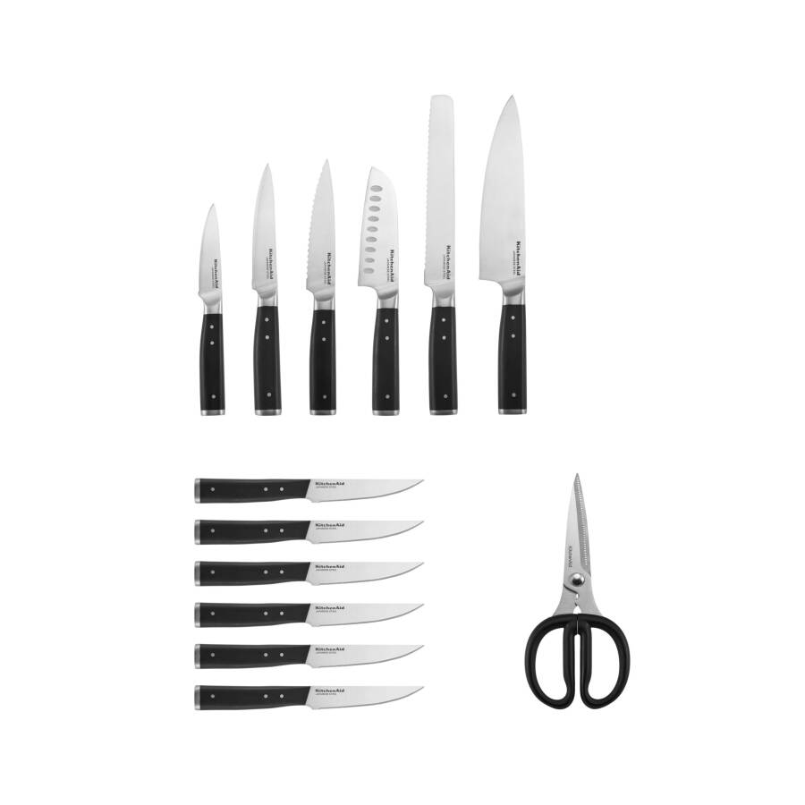 KitchenAid Gourmet 14-Piece Forged Triple Rivet Japanese Steel Knife Set with Block and Built-in Sharpener - 24