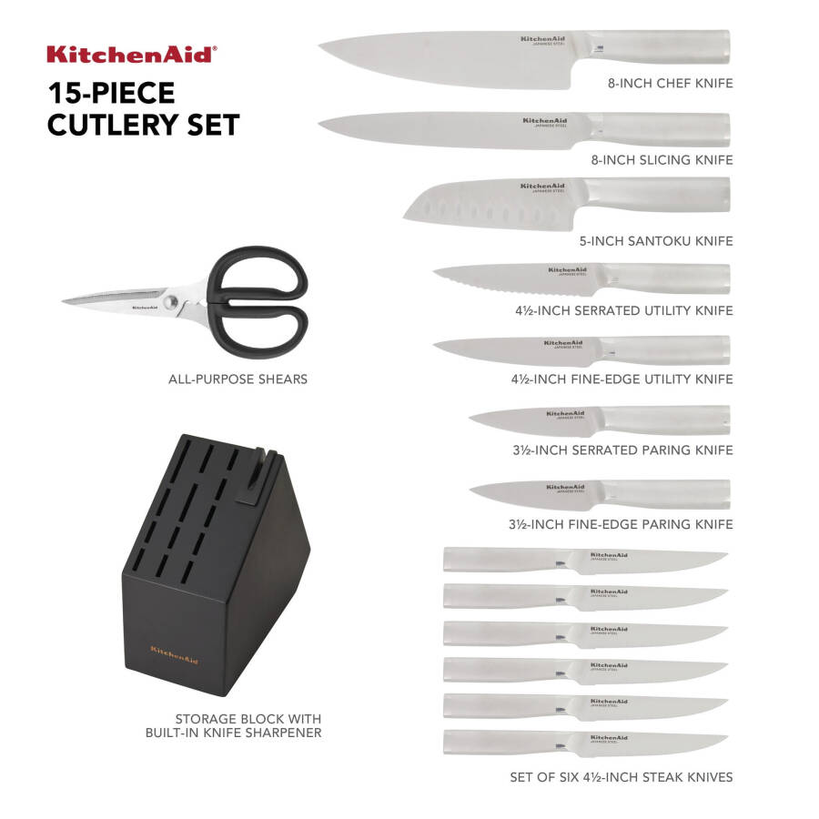 KitchenAid Gourmet 15-Piece Forged Stainless Steel Knife Set with Block, Black - 12