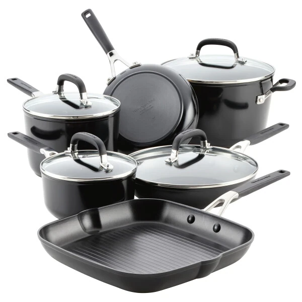 KitchenAid Hard Anodized 10 Piece Nonstick Pots and Pans Set, Onyx Black - Modazone