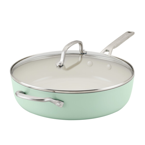 KitchenAid Hard Anodized 5 Quart Ceramic Nonstick Saute Pan with Lid, Pistachio - 11