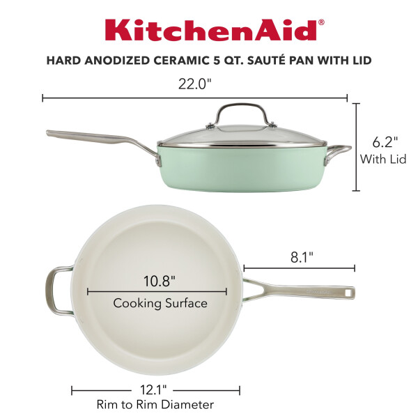 KitchenAid Hard Anodized 5 Quart Ceramic Nonstick Saute Pan with Lid, Pistachio - 12