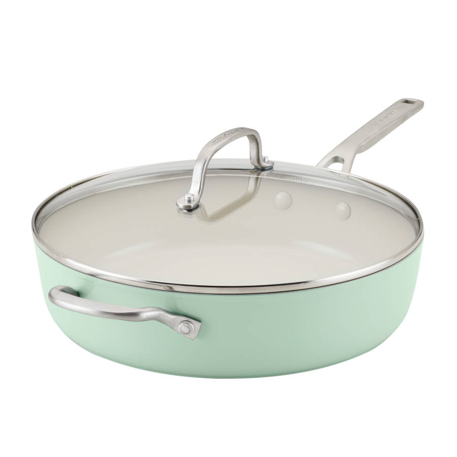 KitchenAid Hard Anodized 5 Quart Ceramic Nonstick Saute Pan with Lid, Pistachio - 1