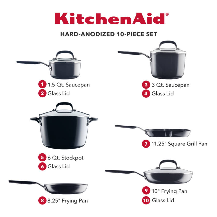 KitchenAid Qattiq Anodizatsiyalangan 10 Donali Yapışmaydigan Tova va To'plamlar To'plami, Onyx Black - 11