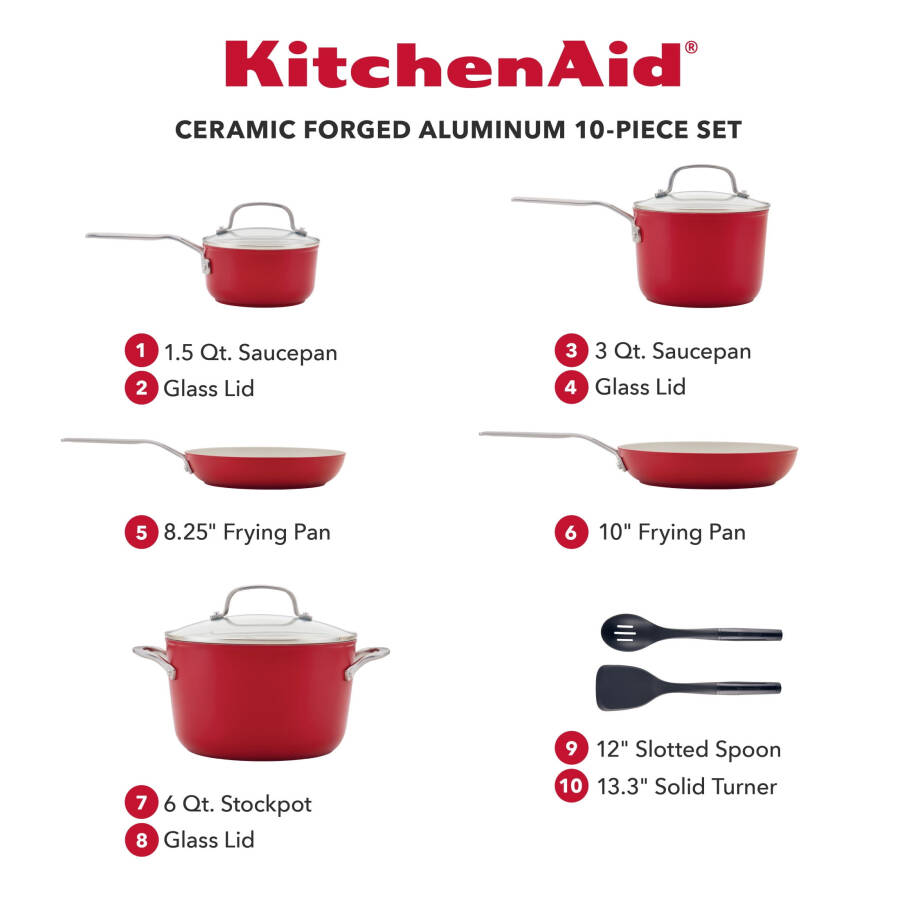 KitchenAid Seramik Döküm Alüminyum 10 Parça Yapışmaz Tencere ve Tava Seti, İmparatorluk Kırmızısı - 2