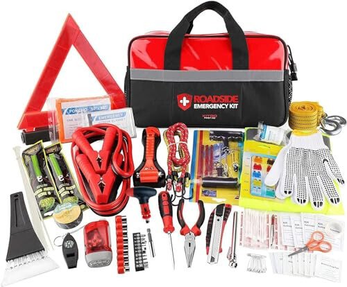 Kitgo Car Emergency Kit,Premium Roadside Assistance Essentials with Jumper Cables, Flashlight, Shovel, Screwdriver Set - Ideal Auto Road Safety Kit, Survival, Truck, RV and More Gift for Father (Red) - Kitgo