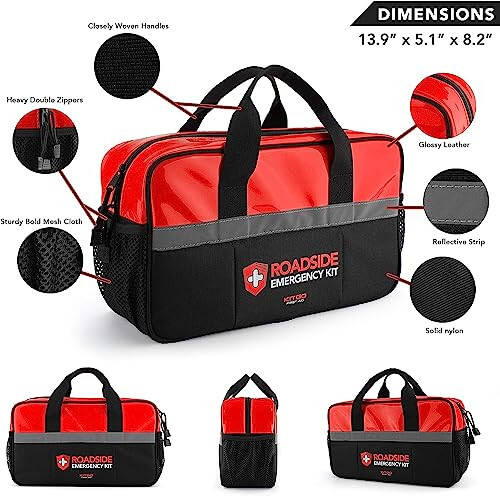 Kitgo Car Emergency Kit,Premium Roadside Assistance Essentials with Jumper Cables, Flashlight, Shovel, Screwdriver Set - Ideal Auto Road Safety Kit, Survival, Truck, RV and More Gift for Father (Red) - 2