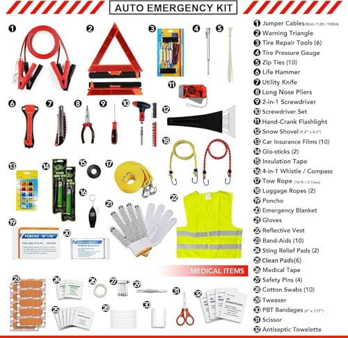 Kitgo Car Emergency Kit,Premium Roadside Assistance Essentials with Jumper Cables, Flashlight, Shovel, Screwdriver Set - Ideal Auto Road Safety Kit, Survival, Truck, RV and More Gift for Father (Red) - 3