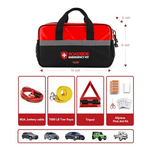 Kitgo Car Emergency Kit,Premium Roadside Assistance Essentials with Jumper Cables, Flashlight, Shovel, Screwdriver Set - Ideal Auto Road Safety Kit, Survival, Truck, RV and More Gift for Father (Red) - 4