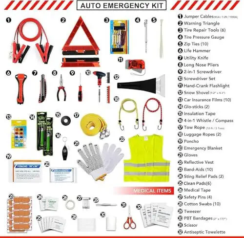 Kitgo Car Emergency Kit, Premium Roadside Assistance Essentials with Jumper Cables, Flashlight, Shovel, Screwdriver Set - Ideal Auto Road Safety Kit, Survival, Truck, RV and More. Gift for Father (Red) - 3