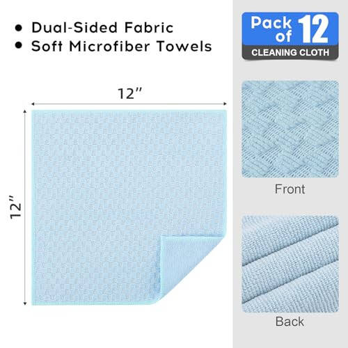 Kitinjoy Microfiber Cleaning Cloth, 12 Pack Soft and No Lint Microfiber Towels Cleaning Supplies, Absorbent Fast Drying Cleaning Rags for Housekeeping, Kitchen, Window, 12 x12 Inches, Light Blue - 2