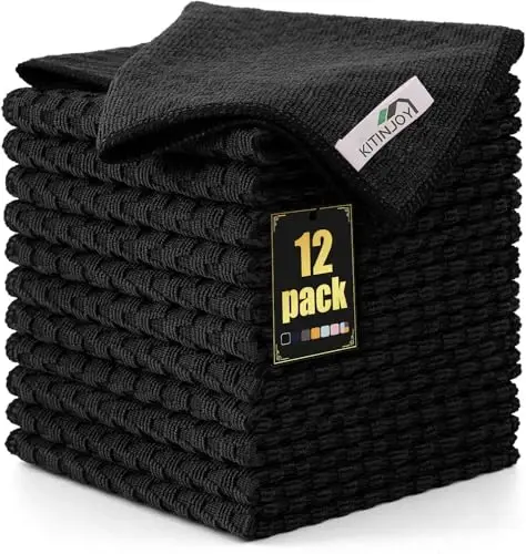 Kitinjoy Mikrofiber Tozalash Matosi, 12 dona. Yumshoq va tuksiz mikrofiber sochiqlar, tez quriydigan yutuq mato. Uy ishlari, oshxona, deraza uchun. 12x12 dyuym, qora rang. - 1
