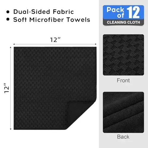 Kitinjoy Mikrofiber Tozalash Matosi, 12 dona. Yumshoq va tuksiz mikrofiber sochiqlar, tez quriydigan yutuq mato. Uy ishlari, oshxona, deraza uchun. 12x12 dyuym, qora rang. - 2