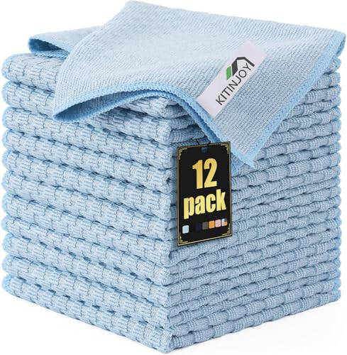 Kitinjoy Mikrofiber Tozalash Salfetkasi, 12 dona Yumshoq va Tuksiz Mikrofiber Sochiqlar Tozalash Asboblari, Yutish tez quriydigan Tozalash latta Uy ishlari, Oshxona, Derazalar uchun, 12 x 12 dyuym, Och moviy - 1
