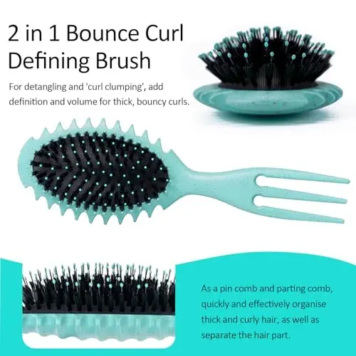 Curly Hair Boar Bristle Curl Defining Brush for Wave Straight Hair, Unique Trident Handle Design Defineing Brush for Wet Dry Hairs Styling Massage Hairbrush Hairs Pick Comb Green - 3