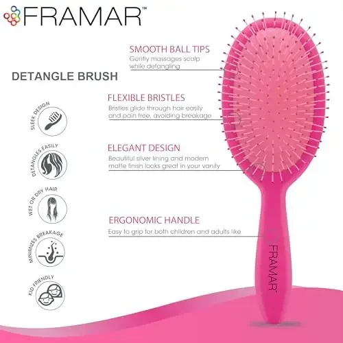 Framar Detangling Brush for Curly Hair – Hair Brushes for Women, Wet Hairbrush For Women, Hairbrushes, Pink Hair Brush Detangler, Reduces Breakage, Frizz and Static – Pink Brush - 4