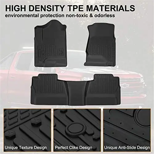 KIWI MASTER Floor Mats for 2014-2018 Chevy Silverado/GMC Sierra 1500 Crew Cab, 2015-2019 Silverado/Sierra 2500/3500 HD Crew Cab Front Rear Seat 2 Row All Weather Mat Liners Black - 3