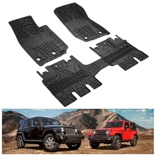 KIWI MASTER Floor Mats for 2014-2018 Jeep Wrangler JK 4-Door, OEM Replacement 82213860, Custom Fit All Weather Car Mats, Heavy Duty TPE Floor Liners, Front & Rear 2 Row, Black 