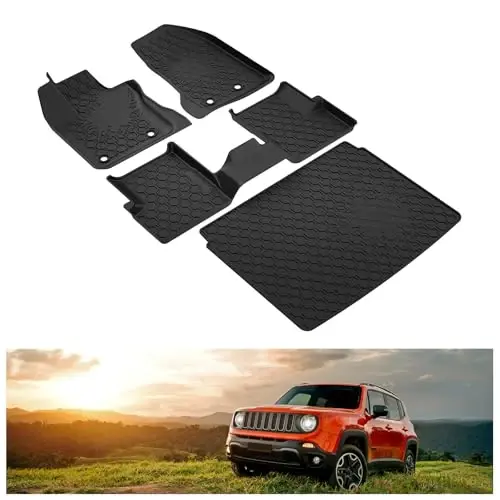 KIWI MASTER Floor Mats & Cargo Mat for 2015-2023 Jeep Renegade, OEM Replacement 82214194 82214195, All Weather Car Mats, Custom Fit TPE Floor Liners, Front & Rear & Tray Trunk Mat Set, Black - 1