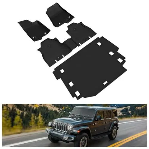 Kiwi Master Floor Mats & Cargo Mat for 2018-2026 Jeep Wrangler JL 4-Door | Custom Fit, All Weather Mats, Heavy Duty TPE Floor Liners, Front Rear Trunk Set, Black - KIWI MASTER