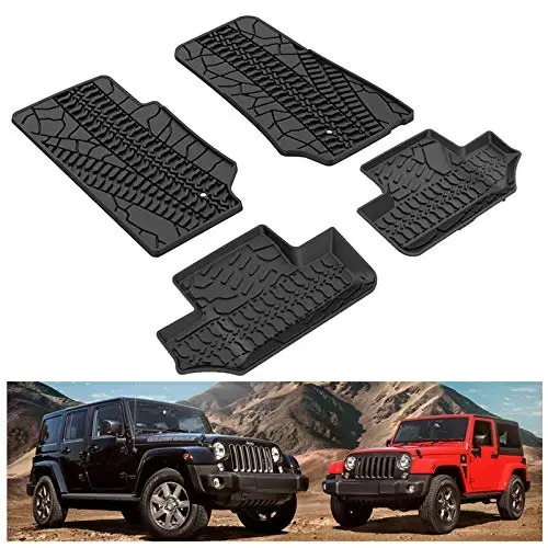 Kiwi Master Floor Mats for 2007-2013 Jeep Wrangler JK 2-Door | Custom Fit All Weather Car Mats, Heavy Duty TPE Floor Liners, Front & Rear 2 Row Set, Black - 1