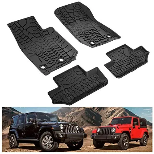 Kiwi Master Floor Mats for 2014-2017 Jeep Wrangler JK 2-Door | Custom Fit All Weather Car Mats, Heavy Duty TPE Floor Liners, Front & Rear 2 Row Set, Black 