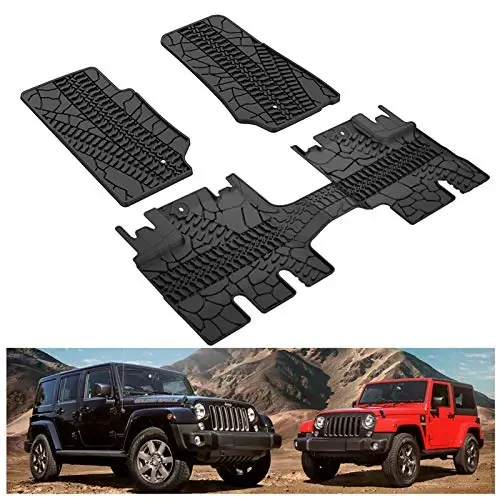 Kiwi Master Floor Mats for 2007-2013 Jeep Wrangler JK 4-Door | OEM Replacement 82210166AC, Custom Fit All Weather Car Mats, Heavy Duty TPE Floor Liners, Front & Rear 2 Row Set, Black 