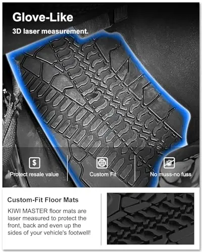 Kiwi Master Floor Mats for 2007-2013 Jeep Wrangler JK 4-Door | OEM Replacement 82210166AC, Custom Fit All Weather Car Mats, Heavy Duty TPE Floor Liners, Front & Rear 2 Row Set, Black - 2
