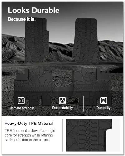 Kiwi Master Floor Mats for 2007-2013 Jeep Wrangler JK 4-Door | OEM Replacement 82210166AC, Custom Fit All Weather Car Mats, Heavy Duty TPE Floor Liners, Front & Rear 2 Row Set, Black - 5