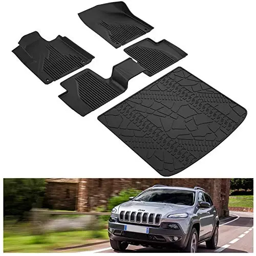 Kiwi Master Floor Mats & Cargo Mat for 2014-2023 Jeep Cherokee | OEM Replacement 82214855, Custom Fit All Weather Car Mats, Heavy Duty TPE Floor Liners, Front Rear Tray Trunk Mat Set, Black 