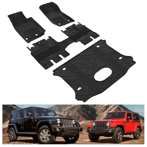 KIWI MASTER Floor Mats & Cargo Mat for 2015-2018 Jeep Wrangler JK 4 Door, OEM Replacement 82213860 82214404, All Weather Car Mats, Heavy Duty TPE Floor Liners, Front & Rear & Trunk Mat Set, Black 