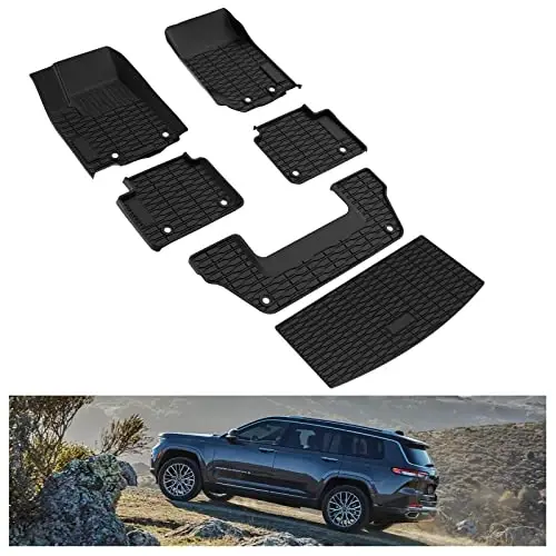 Kiwi Master Floor Mats & Cargo Mat for 2021-2026 Jeep Grand Cherokee L | OEM Replacement 82216640AA 82216646AA, Custom Fit, All Weather Mats, Heavy Duty TPE Floor Liners, Front Rear Trunk Set, Black - KIWI MASTER
