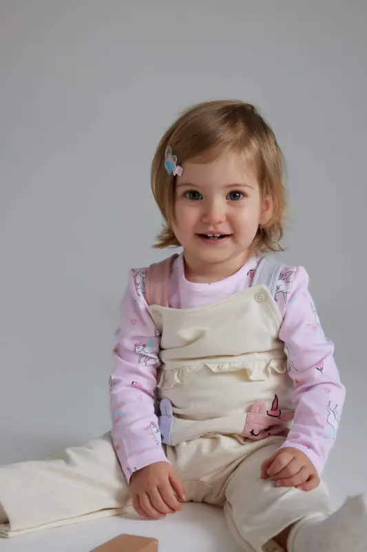 Kız Bebek 2'li Takım Unicorn Baskılı Sweatshirt Salopet Tulum E0487A525SP - Ekru-ER233 - 2