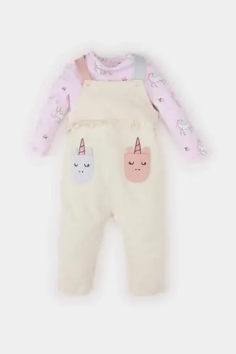 Kız Bebek 2'li Takım Unicorn Baskılı Sweatshirt Salopet Tulum E0487A525SP - Ekru-ER233 - 5