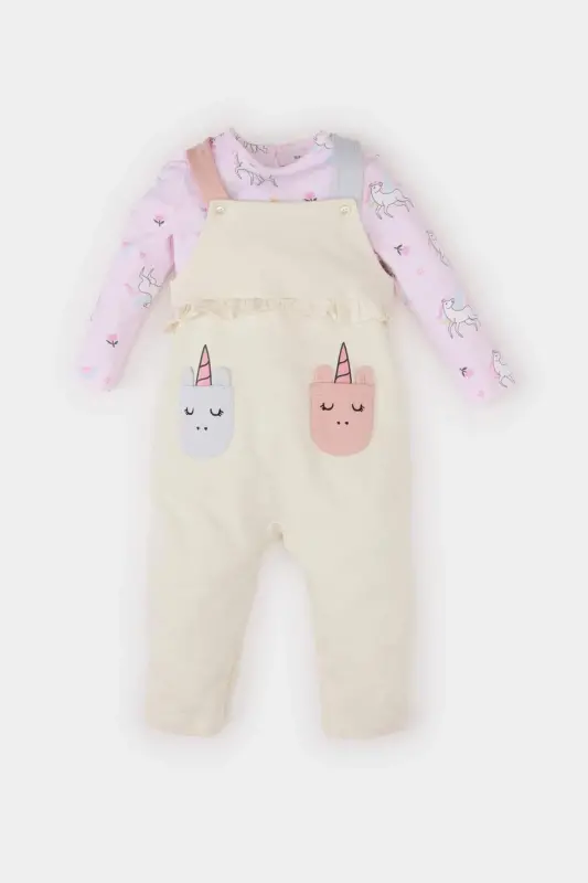 Kız Bebek 2'li Takım Unicorn Baskılı Sweatshirt Salopet Tulum E0487A525SP - Ekru-ER233 - 5