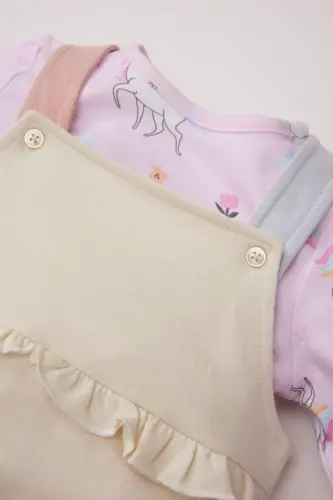 Kız Bebek 2'li Takım Unicorn Baskılı Sweatshirt Salopet Tulum E0487A525SP - Ekru-ER233 - 6